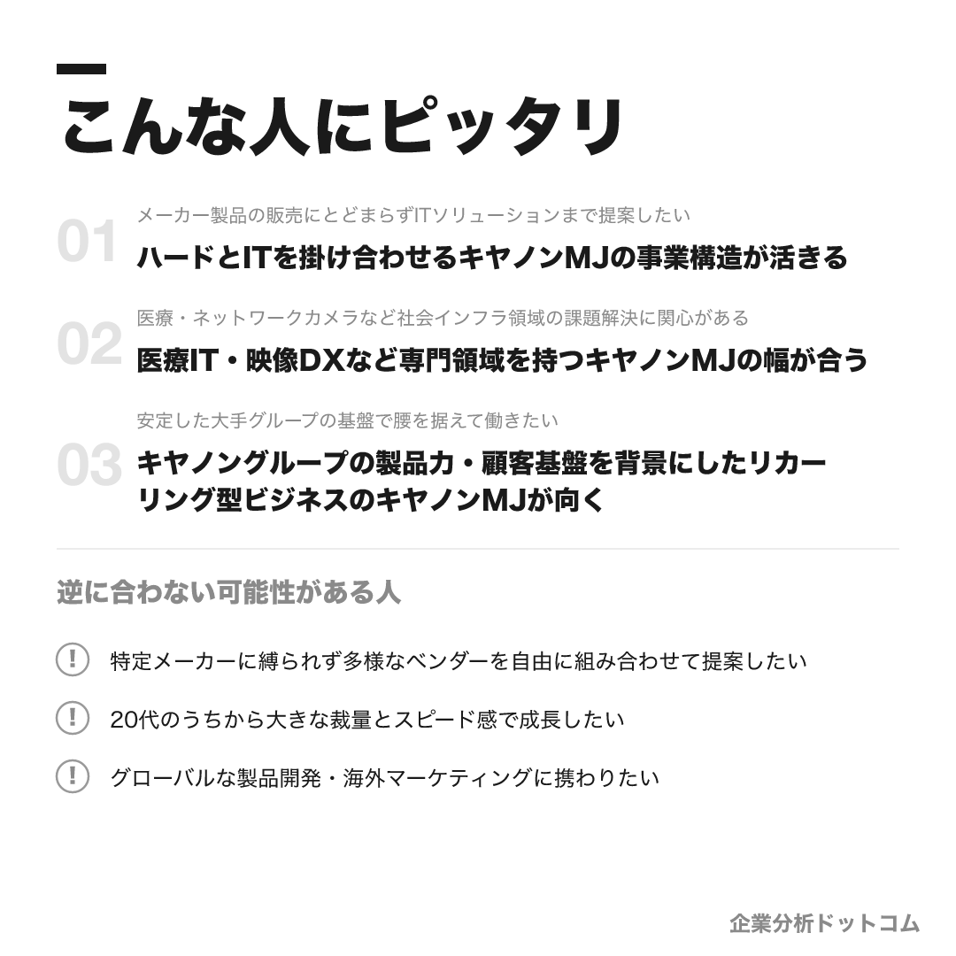 キヤノンマーケティングジャパンが合う人・合わない可能性がある人の早見表