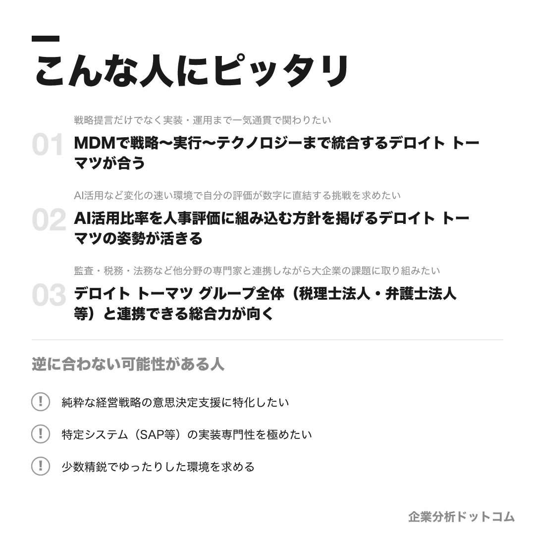 デロイト トーマツ コンサルティングが合う人・合わない可能性がある人の早見表