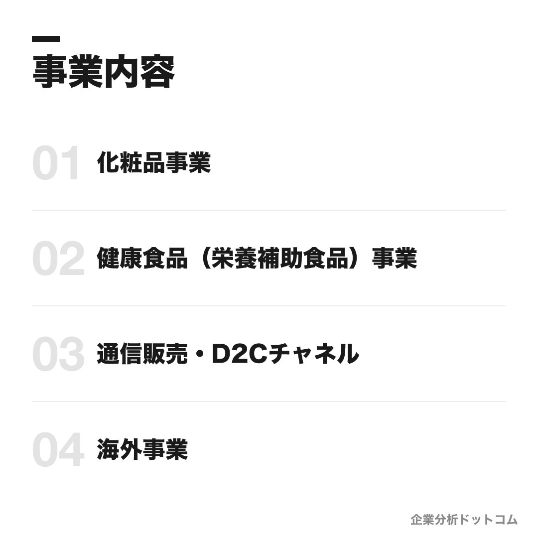 ファンケルの事業内容: 化粧品事業、健康食品(栄養補助食品)事業、通信販売・D2Cチャネル、海外事業
