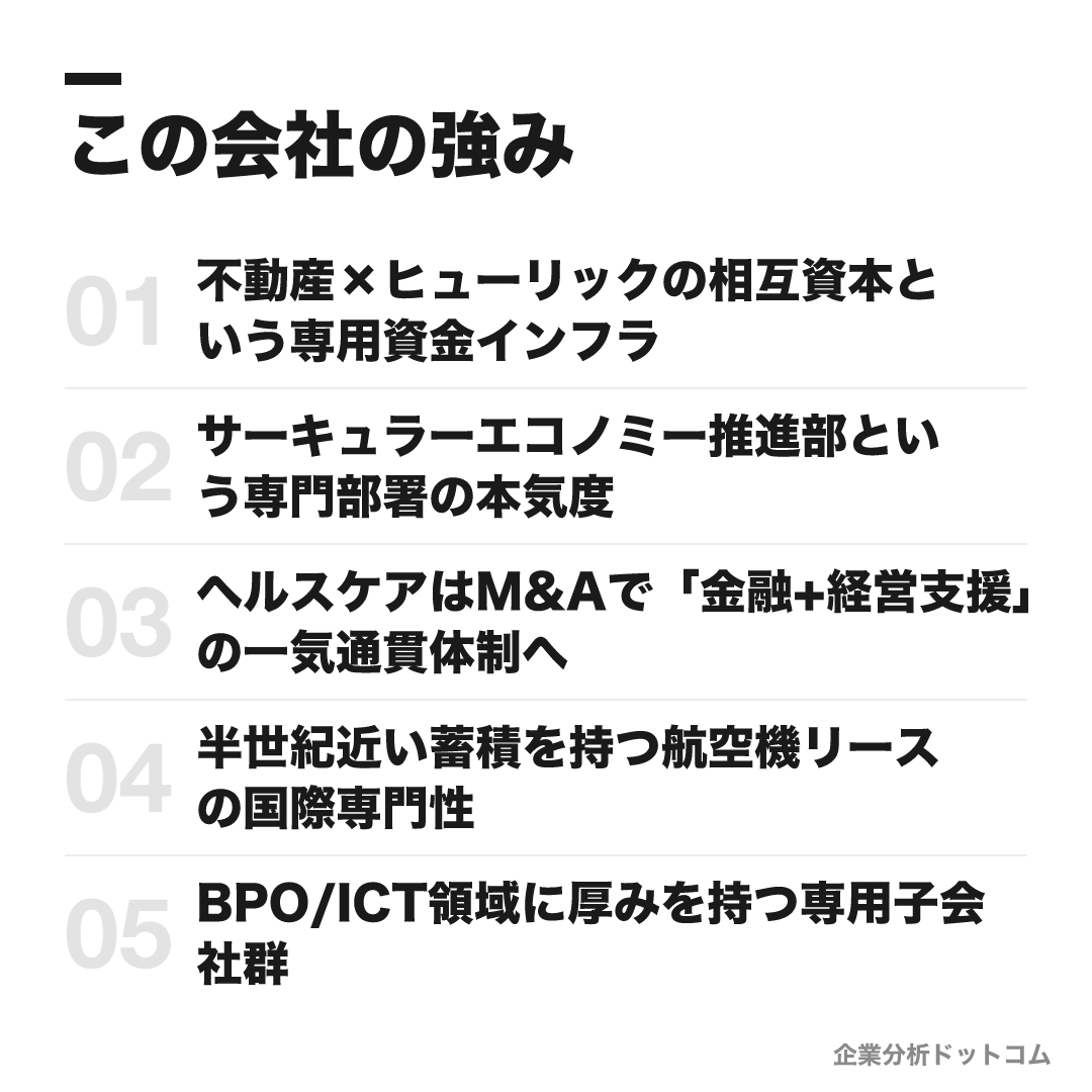 芙蓉総合リースの強み: 不動産×ヒューリックの相互資本という専用資金インフラ、サーキュラーエコノミー推進部という専門部署の本気度、ヘルスケアはM&Aで「金融+経営支援」の一気通貫体制へ、半世紀近い蓄積を持つ航空機リースの国際専門性、BPO/ICT領域に厚みを持つ専用子会社群