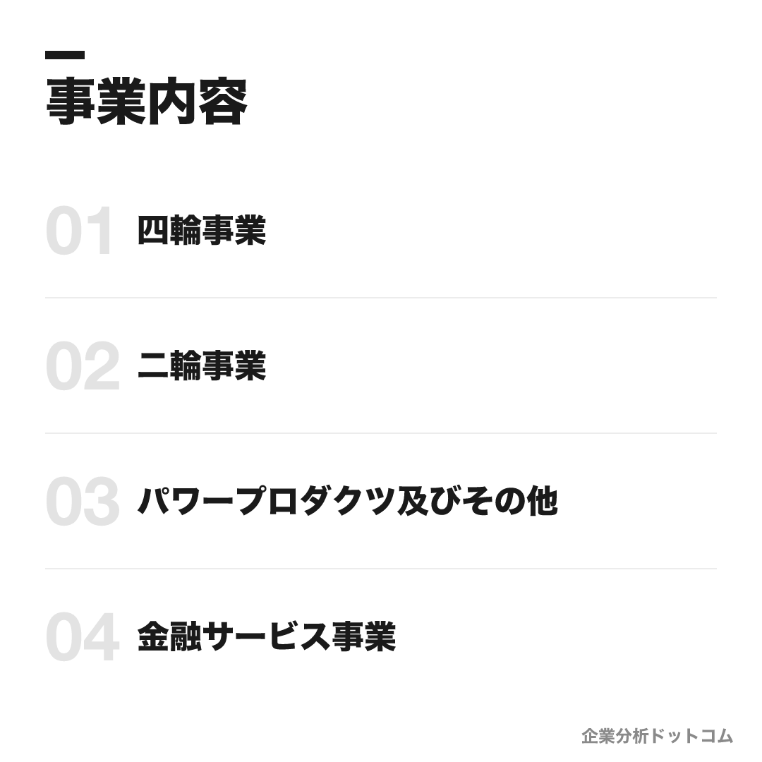 本田技研工業の事業内容: 四輪事業、二輪事業、パワープロダクツ及びその他、金融サービス事業