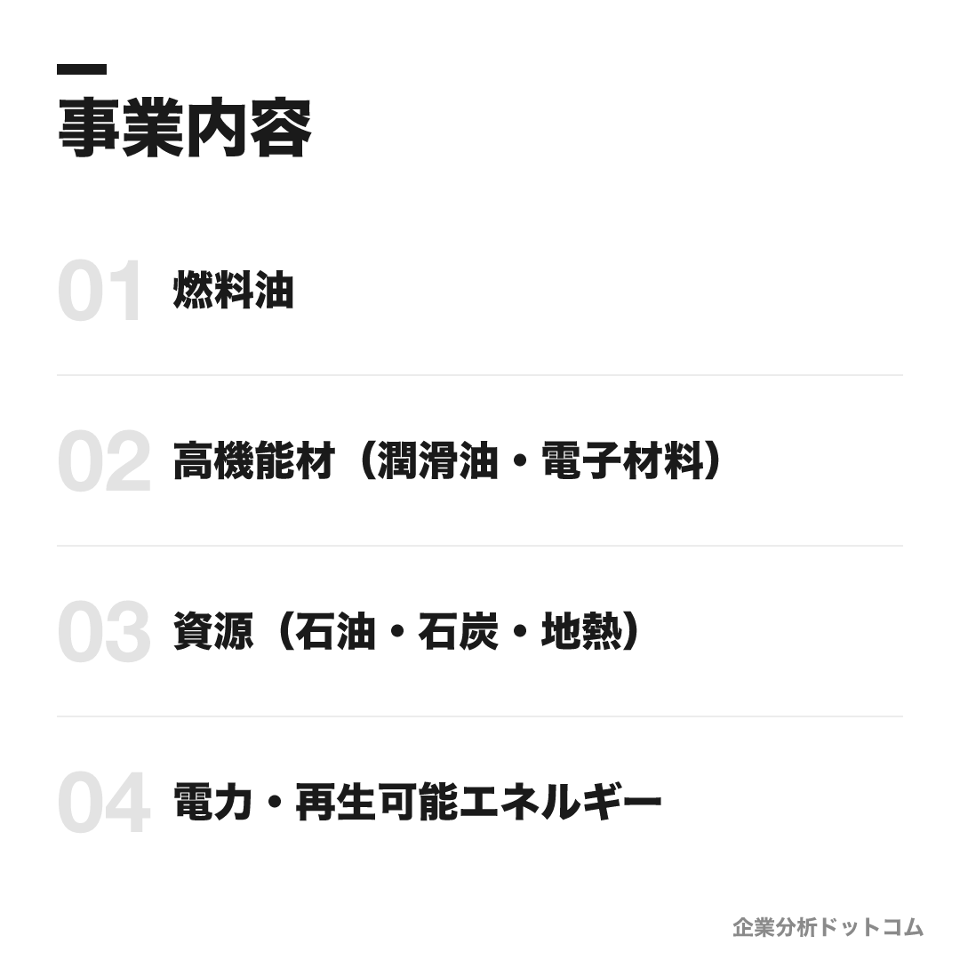 出光興産の事業内容: 燃料油、高機能材(潤滑油・電子材料)、資源(石油・石炭・地熱)、電力・再生可能エネルギー
