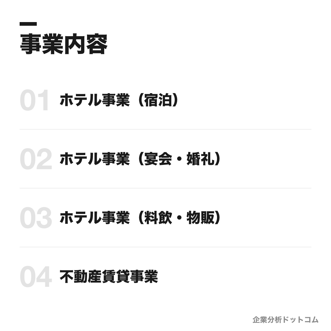 帝国ホテルの事業内容: ホテル事業(宿泊)、ホテル事業(宴会・婚礼)、ホテル事業(料飲・物販)、不動産賃貸事業