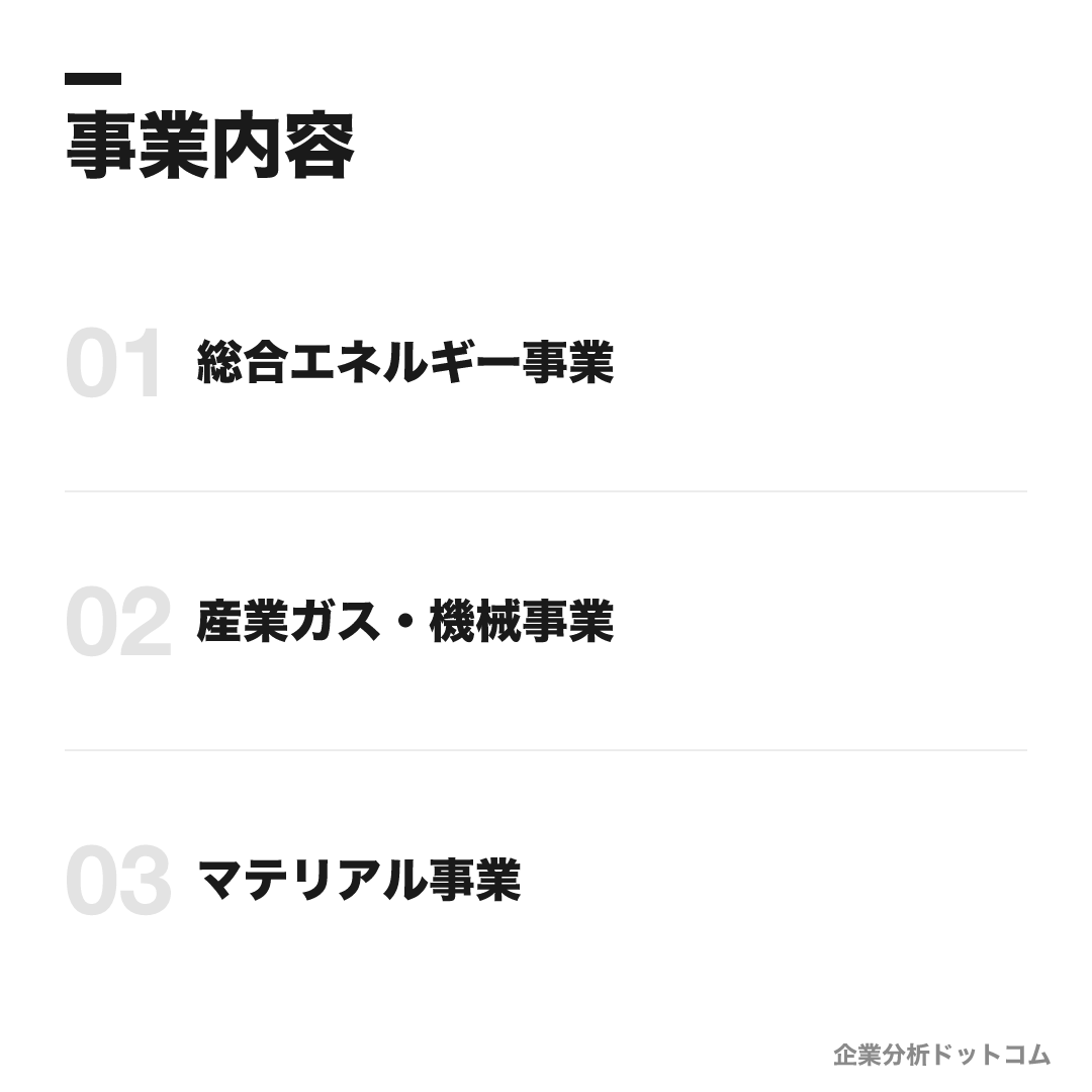 岩谷産業の事業内容: 総合エネルギー事業、産業ガス・機械事業、マテリアル事業