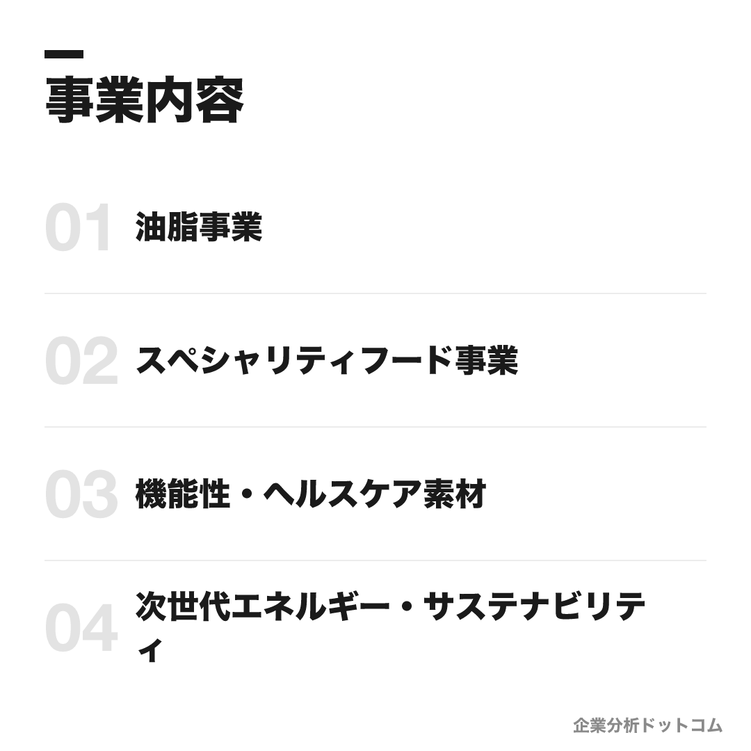 J-オイルミルズの事業内容: 油脂事業、スペシャリティフード事業、機能性・ヘルスケア素材、次世代エネルギー・サステナビリティ