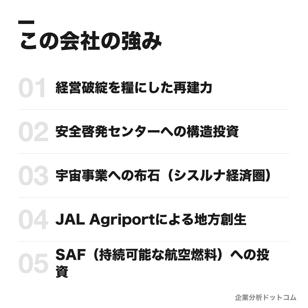 JALの強み: 経営破綻を糧にした再建力、安全啓発センターへの構造投資、宇宙事業への布石（シスルナ経済圏）、JAL Agriportによる地方創生、SAF（持続可能な航空燃料）への投資