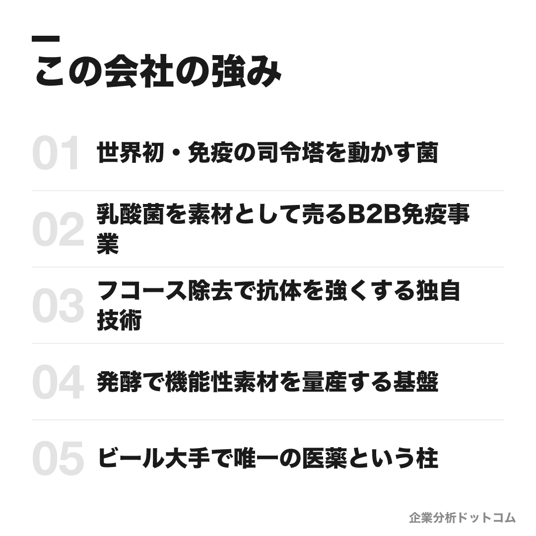 キリンホールディングスの強み: 世界初・免疫の司令塔を動かす菌、乳酸菌を素材として売るB2B免疫事業、フコース除去で抗体を強くする独自技術、発酵で機能性素材を量産する基盤、ビール大手で唯一の医薬という柱