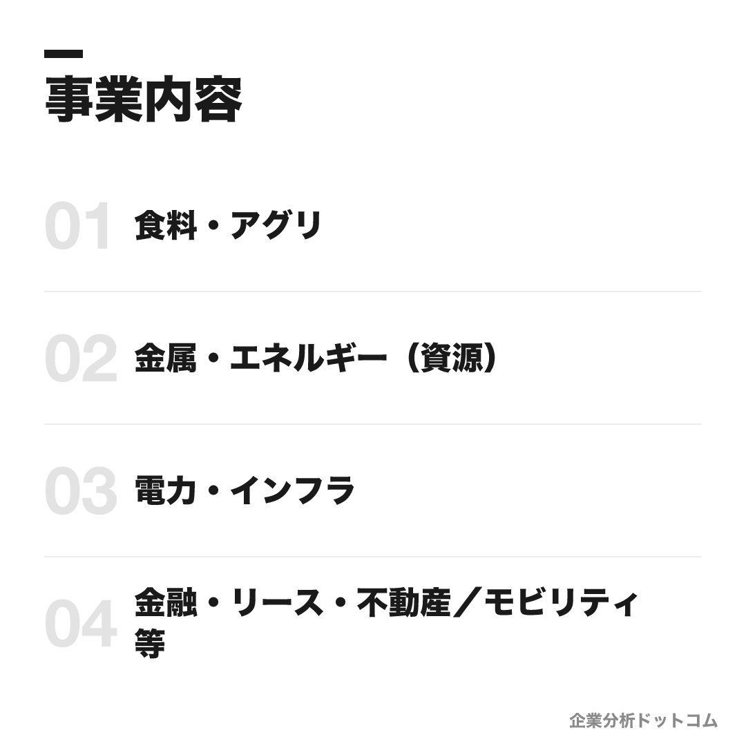 丸紅の事業内容: 食料・アグリ、金属・エネルギー(資源)、電力・インフラ、金融・リース・不動産/モビリティ等