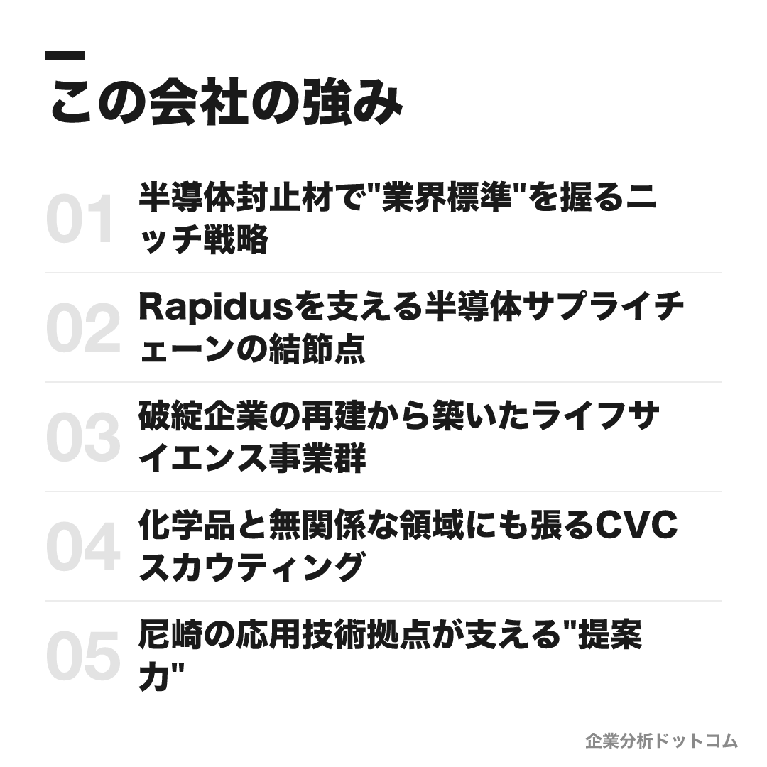 長瀬産業の強み: 半導体封止材で"業界標準"を握るニッチ戦略、Rapidusを支える半導体サプライチェーンの結節点、破綻企業の再建から築いたライフサイエンス事業群、化学品と無関係な領域にも張るCVCスカウティング、尼崎の応用技術拠点が支える"提案力"