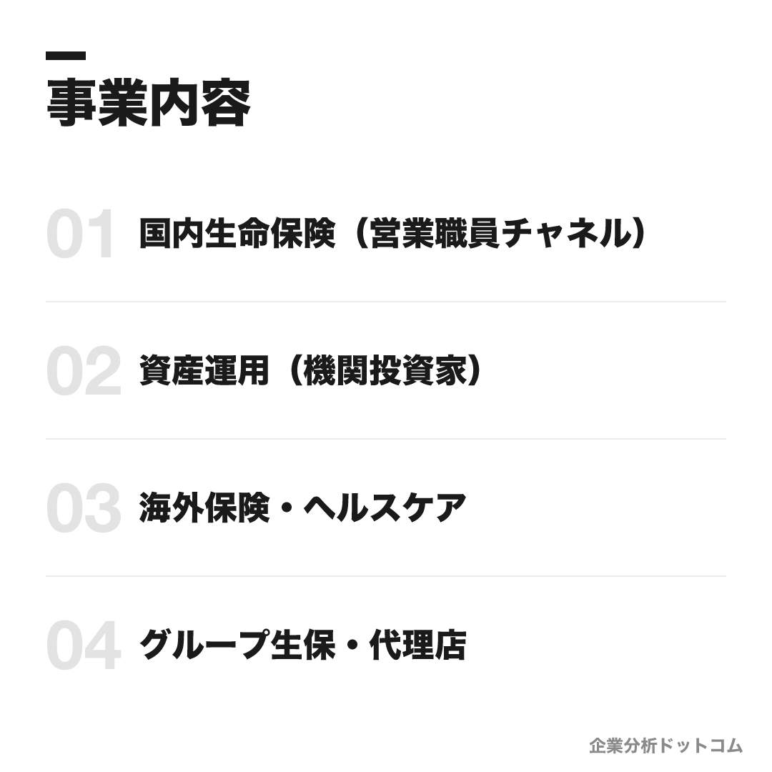 日本生命保険の事業内容: 国内生命保険(営業職員チャネル)、資産運用(機関投資家)、海外保険・ヘルスケア、グループ生保・代理店