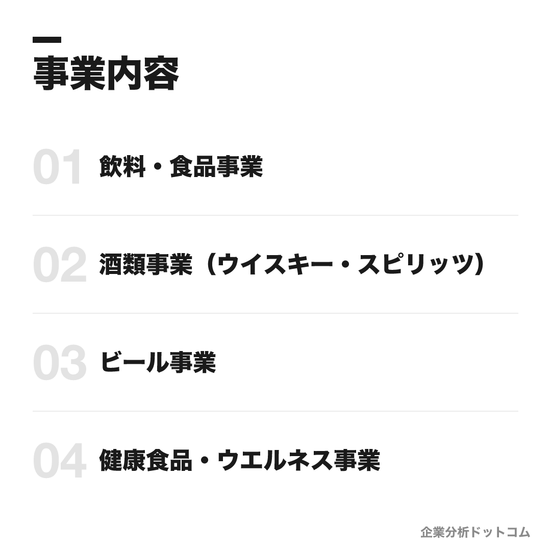 サントリーホールディングスの事業内容: 飲料・食品事業、酒類事業（ウイスキー・スピリッツ）、ビール事業、健康食品・ウエルネス事業