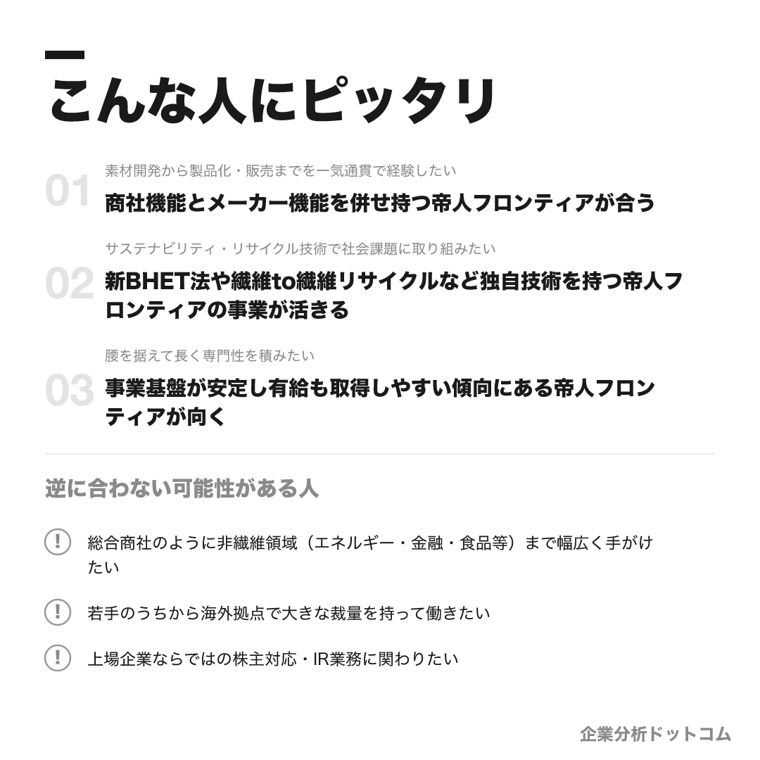 帝人フロンティアが合う人・合わない可能性がある人の早見表