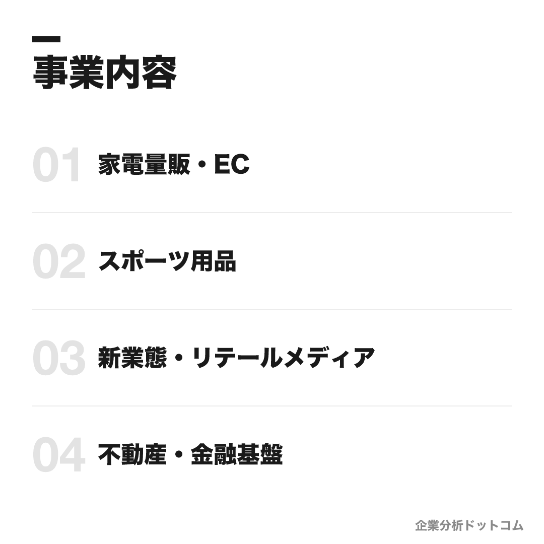 株式会社ヨドバシカメラの事業内容: 家電量販・EC、スポーツ用品、新業態・リテールメディア、不動産・金融基盤